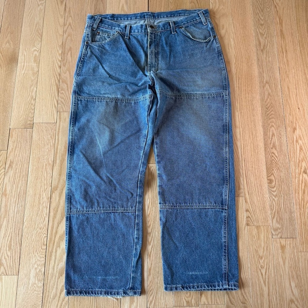 Dickies Relaxed Fit Double Knee Blue Wash Denim Jeans Mens 38x30 Workwear
